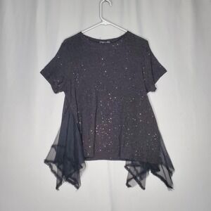 S Deer Top XL‎ Black Stretch Sequin Ruffle Tulle Short Slv Whimsigoth Fairycore